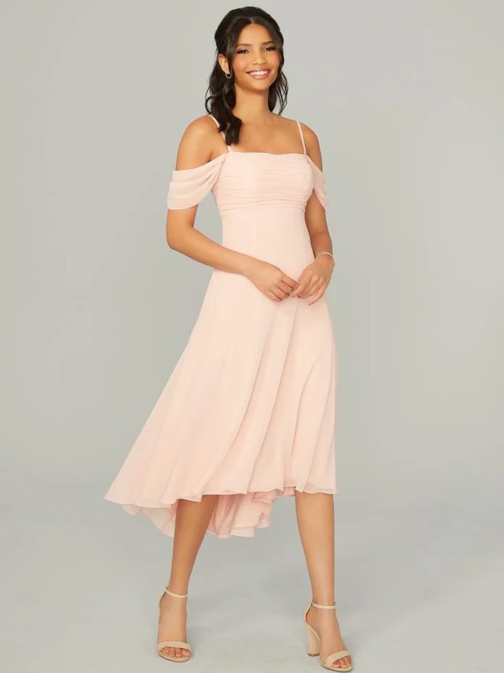 Mori Lee Blush Pink Off-The-Shoulder High-Low Dress